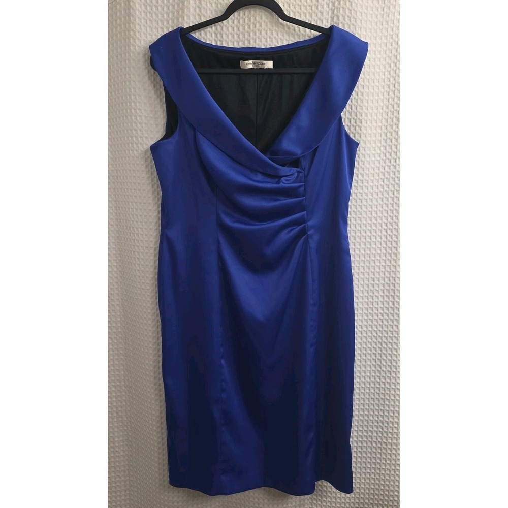Evan Picone Blue Satin Side Rushed Collar Sheath Dress Size 16 Cocktail Dress